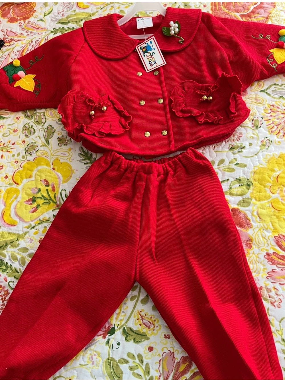 Two Piece Toddler Vintage Red Ribbed Embroidered Holiday Coat & Bottoms NEW